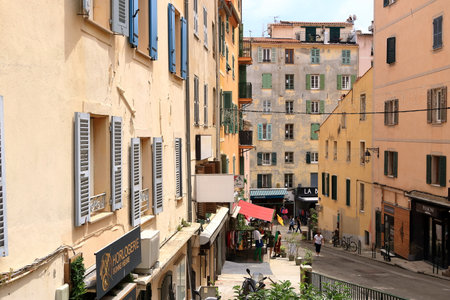 May 31 2023 - Ajaccio, Corsica in France: mediterranean culture and colour in Island capital city or town. Back streets and alleyways. Sunny day outdoorsのeditorial素材