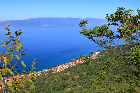 View over the Ohrid Lake from Elshani to Lagadin and Pestani in North Macedoniaの写真素材