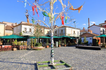 September 13 2023 - Korca in Albania: impressions of the traditional part of the city, locals and tourists enjoy the cityのeditorial素材