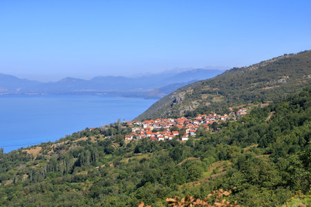View over the Ohrid Lake from Elshani to Lagadin and Pestani in North Macedoniaの写真素材