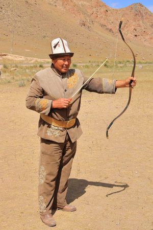 August 27 2023 - Bokonbayevo, Issyk Kul Province in Kyrgyzstan: Kyrgyz Eagle Hunters demonstrate a...