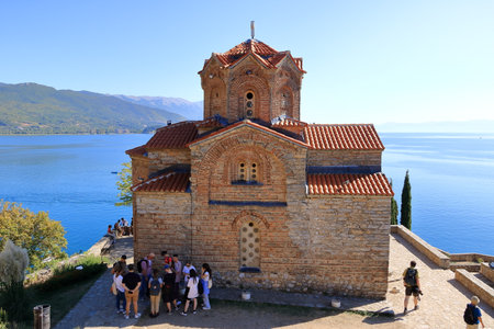 September 12 2023 - Ohrid in North Macedonia: people visit the Saint John at Kaneo Church, UNESCO heritageのeditorial素材