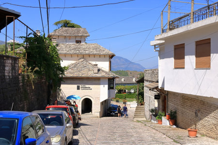 September 16 2023 - Gjirokastra in Albania: people enjoy the inner city of the townのeditorial素材