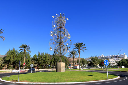November 19 2023 - Morro Jable, Fuerteventura in Spain: monument in a roundabout on the Canary Islands on a sunny dayのeditorial素材