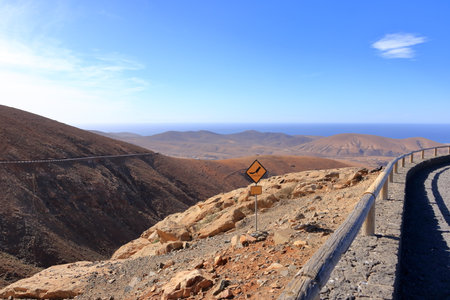 View of landscape from the Mirador del Risco de Las Penas viewpoint on the island of Fuerteventura in the Canary Islandsの写真素材