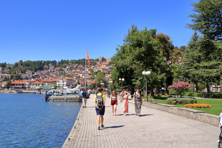 September 12 2023 - Ohrid in North Macedonia: people enjoy the old city at the Lake Ohrid, UNESCO World Heritage Siteのeditorial素材
