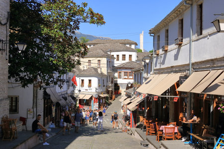 September 16 2023 - Gjirokastra in Albania: people enjoy the inner city of the townのeditorial素材
