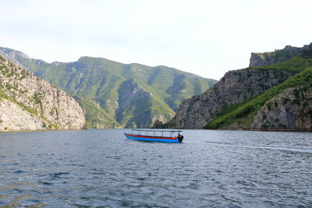 September 20 2023 - Lake Koman in Albania: people and boats waiting for start to cross the lakeのeditorial素材