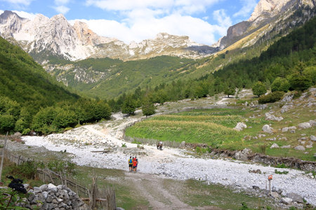 September 21 2023 - Valbona in Albania: a man with two donkeys is riding in the Albanian Alpsのeditorial素材