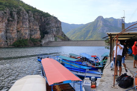 September 20 2023 - Lake Koman in Albania: people and boats waiting for start to cross the lakeのeditorial素材