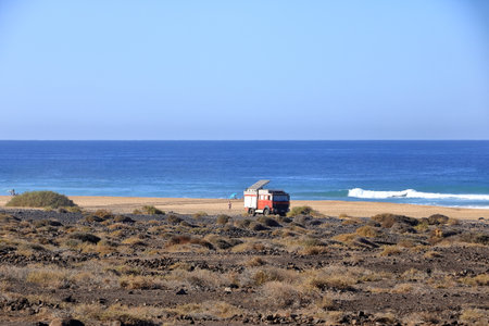 November 19 2023 - Playa de Cofete, Jandia, Fuerteventura, Canary Islands in Spain: people enjoy the freedom at the atlantic ocean on a sunny dayのeditorial素材