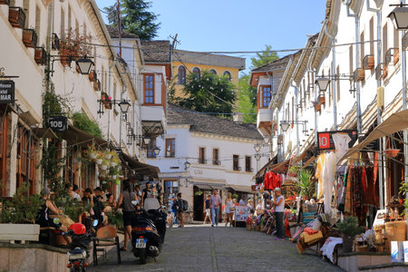 September 16 2023 - Gjirokastra in Albania: people enjoy the inner city of the townのeditorial素材