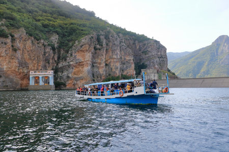 September 20 2023 - Lake Koman in Albania: people and boats waiting for start to cross the lakeのeditorial素材