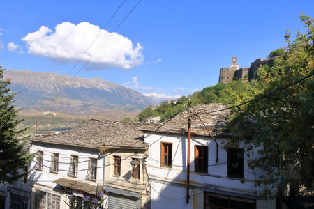 Ancient stone roof of old houses, Albaniaの写真素材