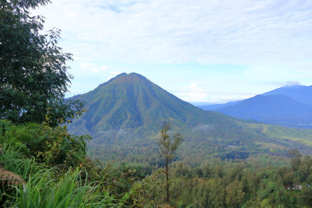 Stunning panoramic view of the Ijen Volcano Complex with mountains, East Java in Indonesia