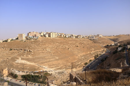 the above view of roads and Al-Karak city from castle. Al-Karak (Karak or Kerak) is a city in Jordan...