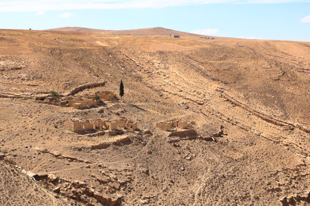 a Panoramic view at the nature near ruins of Shobak castle and the city of Montreal in Jordanの写真素材