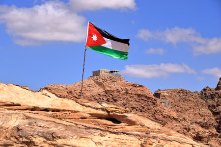 jordan flag at the area of Wadi Musa, Petra in Jordanの写真素材