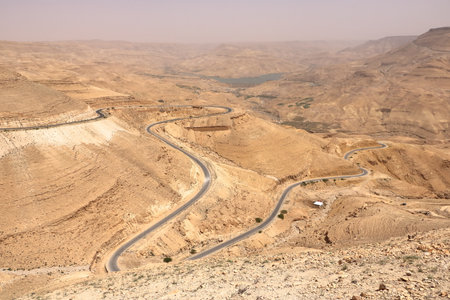 Viewpoint at Highway 35 in Jordan: Mujib Moujib Dam on Wadi Mujib River, between the cities of Madaba and Kerakの写真素材