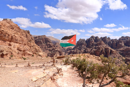 jordan flag at the area of Wadi Musa, Petra in Jordanの写真素材