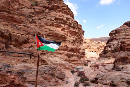 jordan flag at the area of Wadi Musa, Petra in Jordanの写真素材