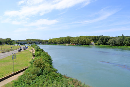 Aerial view of Avignon with Rhone river in Franceの写真素材
