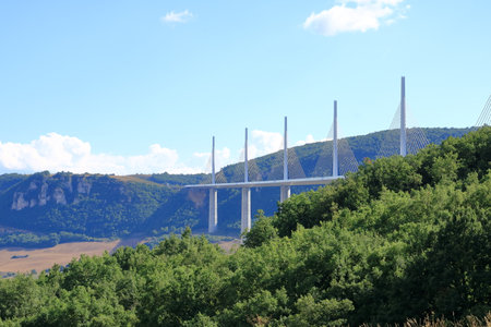 multispan cable stayed Millau Viaduct across gorge valley of Tarn River in Millau, France, Europe