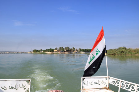 confluence of Euphrates and Tigris river, Shatt al-Arab, Al-Qurna, Basra, Iraqの写真素材