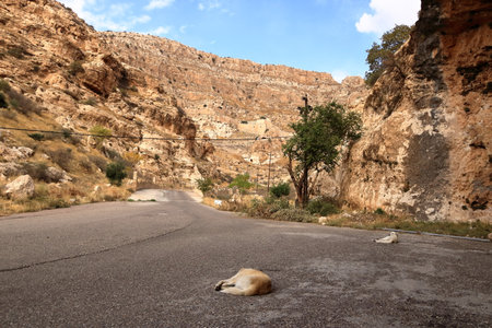 view to the Monastery of Rabban Hormizd in the Christian town of Alqosh, Kurdistan in Iraqの写真素材