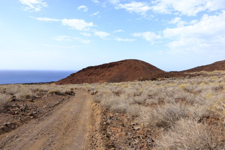 stunning volcanic landscape, rugged lava rock and patches of green vegetation in El Hierro, Canary islands, Spainの写真素材