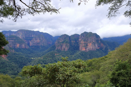 a Majestic view of Amboro National Park in Bolivia with aerial perspective over the rainforest mountains and valleysの写真素材