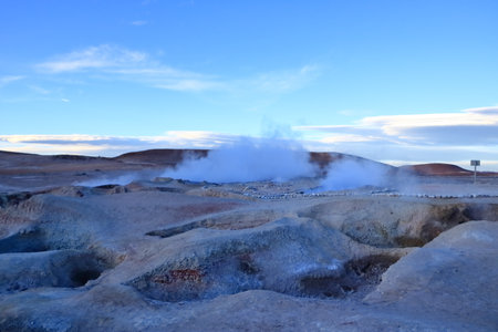 Geyser (geothermal area) Sol de Manana in Eduardo Avaroa National Reserve - Altiplano in Bolivia,...