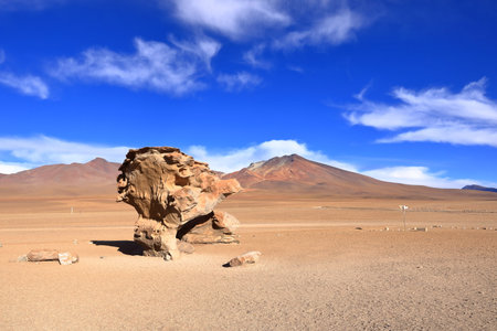 The famous stone tree rock formation (Arbol de Piedra) in the Siloli desert in the region of the Uyuni Salt Flat, Bolivia in South Americaの写真素材