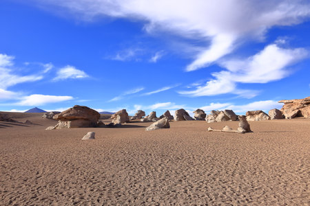 The famous stone tree rock formation (Arbol de Piedra) in the Siloli desert in the region of the Uyuni Salt Flat, Bolivia in South Americaの写真素材