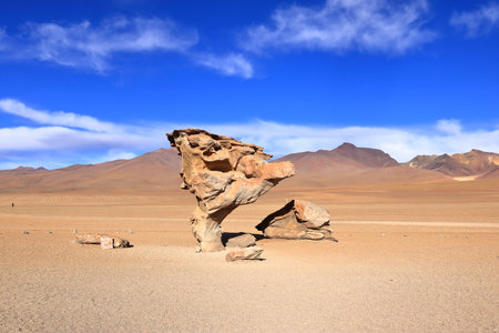 The famous stone tree rock formation (Arbol de Piedra) in the Siloli desert in the region of the Uyuni Salt Flat, Bolivia in South Americaの写真素材