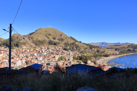 a view over Copacabana Bay at Lake Titicaca, Bolivia from Cerro El Calvario