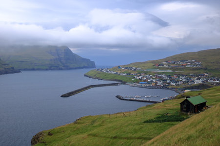 The city and harbor of Eidi, Eysturoy, Faroe Islands in Denmarkの写真素材