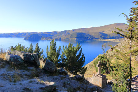 a view over Titicaca Lake from Cerro El Calvario in Copacabana, Boliviaの写真素材
