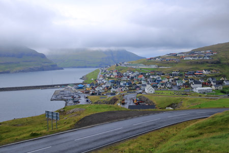 The city and harbor of Eidi, Eysturoy, Faroe Islands in Denmarkの写真素材