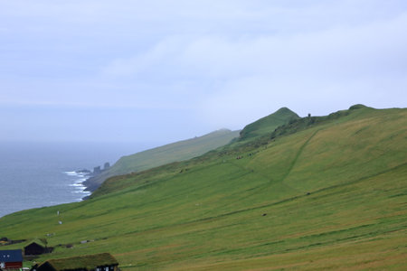 the beautiful landscape of Mykines island, Faroe islands, Denmark, Europeの写真素材