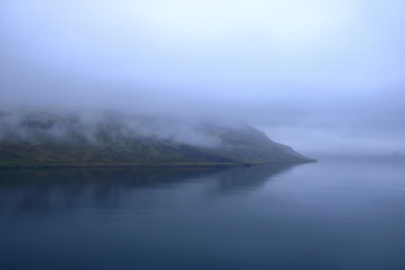 arriving to Iceland by ferry at Seydisfjordur fjordの写真素材