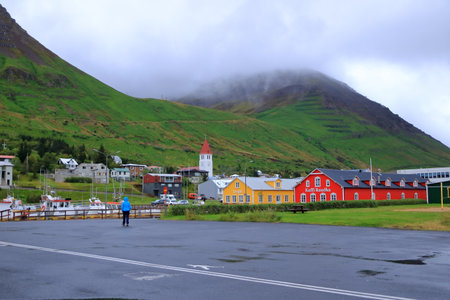 Siglufjordur in Iceland - August 30 2025: view of the beautiful village on a cloudy dayのeditorial素材