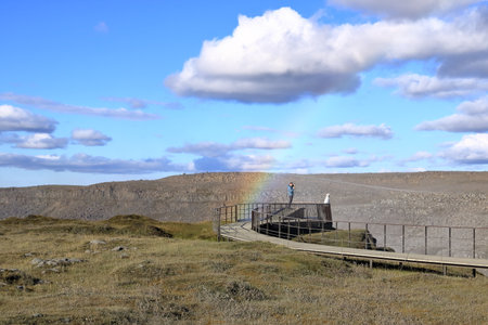 Dettifoss in Vatnajokull National Park in Iceland - August 28 2025: people at the most powerful waterfall in Europe with a rainbowのeditorial素材
