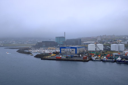 Torshavn, Faroe Islands in Denmark - August 26 2025: Misty Harbor Views of the Capital city of the Faroe Islandsのeditorial素材