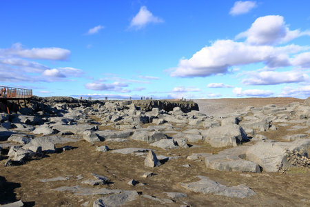 Dettifoss in Vatnajokull National Park in Iceland - August 28 2025: people at the most powerful waterfall in Europe with a rainbowのeditorial素材