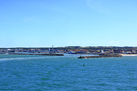Hirtshals in Denmark - August 23 2025: the view to the ferry harbor from the seaのeditorial素材