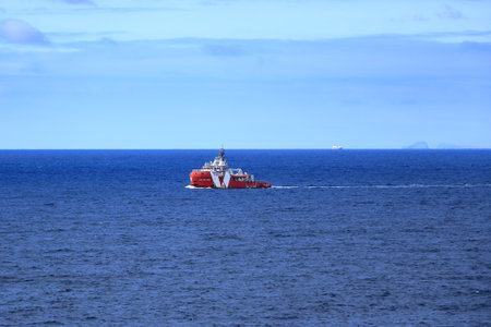North Sea, UK - August 23 2025: ship on the North Sea on a sunny day