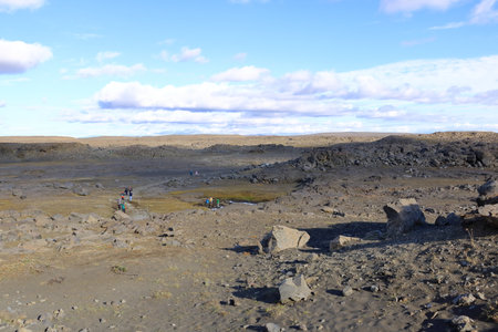 Dettifoss waterfall in Iceland - August 28 2025: people on the rocky path to the waterfallのeditorial素材