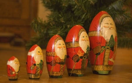 a row of russian santa claus puppetsの写真素材