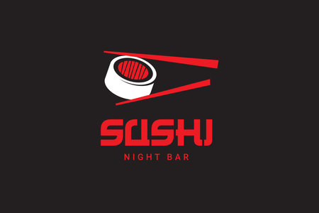 Sushi Logo And Badge Japanese Food Restaurant With Sushi Salmon Roll Asian Kitchen Silhouette Vector Illustration. Vintage Typography Emblem And Label Design.のイラスト素材